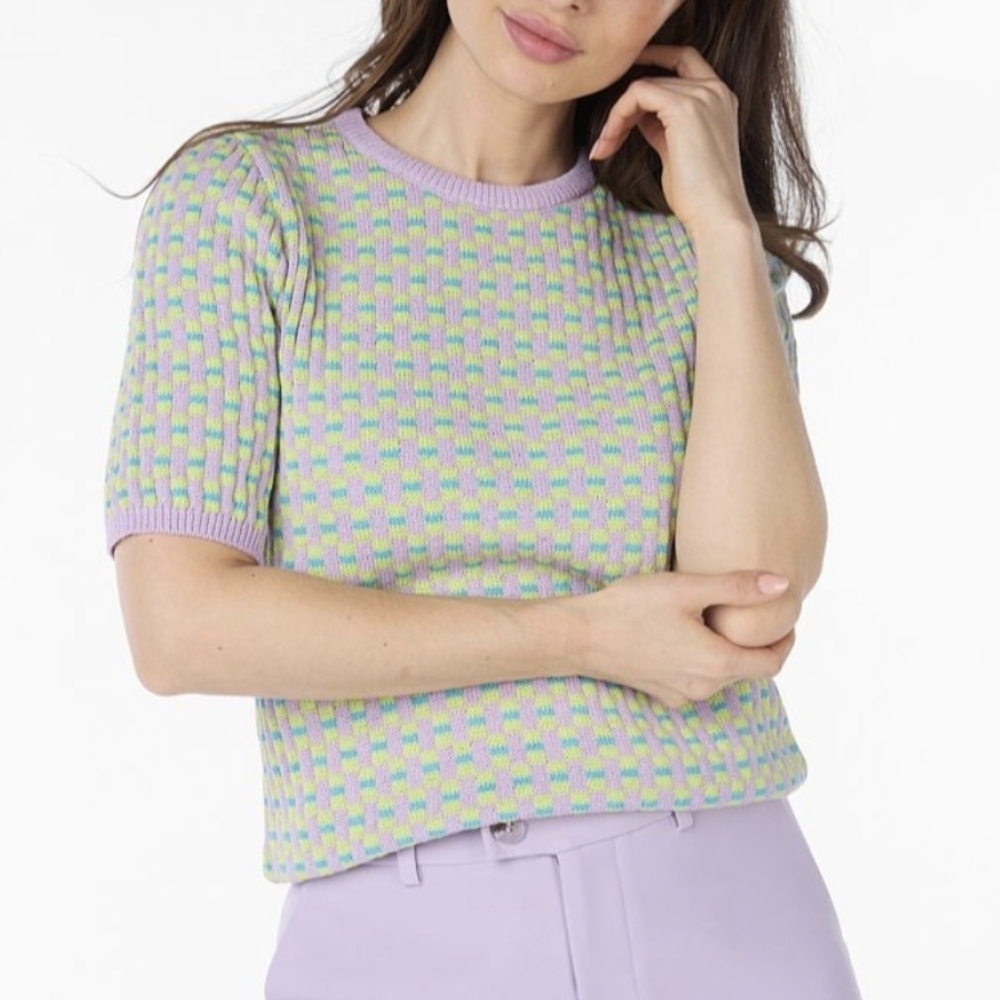 Lavender Check Knit Short-Sleeve Top